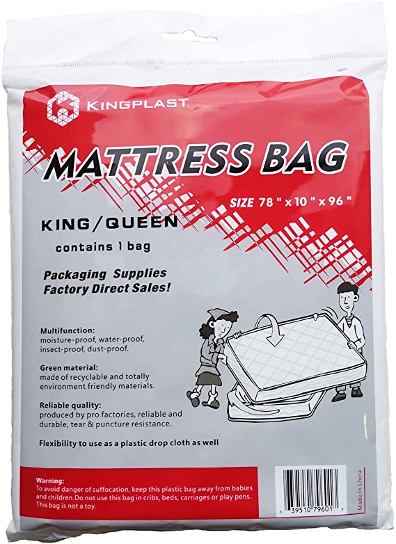 Kingplast King/Queen Mattress Bag Cover for Moving and Storage, 1.5Mil 78" x 96" Disposal Plastic Bag from Moisture, Dirt, Bugs and Pests