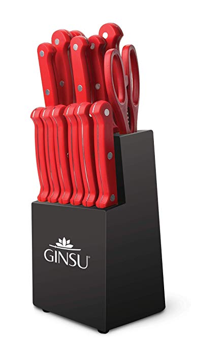 Ginsu KIS-RD-DS-014-4 Kiso Dishwasher Safe Red 14 Piece Set Black Block, 9" W x 15" H x 5" D