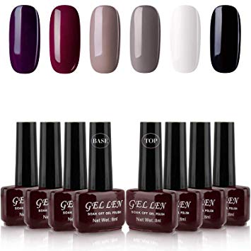 Gellen Gel Nail Polish Kit Classic Elegance 6 Colors With Base Coat and Top Coat - Popular Home Nail Salon Trendy Glamour Colors Set