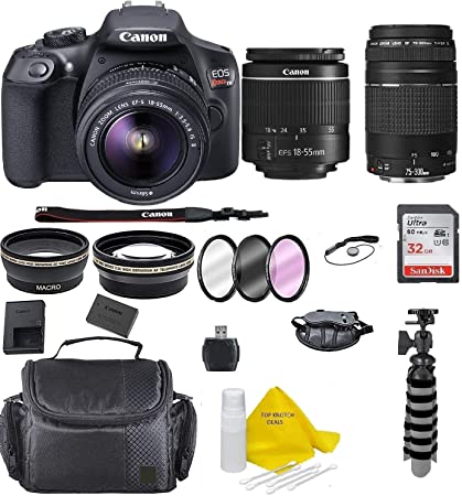 Canon EOS T6 SLR Camera w/EF-S 18-55mm F/3.5-5.6 III Zoom Lens Canon EF-S 75-300 Lens  Case  Full Tripod  32gb  More   TopKnotch Deals Cloth (International Model) Bundle