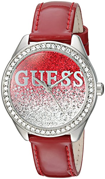 GUESS Women's U0823L3 Trendy Silver-Tone Watch with Red Dial , Crystal-Accented Bezel and Genuine Leather Strap Buckle