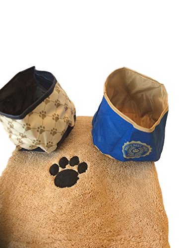Dog Drying Towel Paw Print 34" x 25" Super Absorbent Includes Bonus 2 Pack of Travel Portable Dog Food Bowls