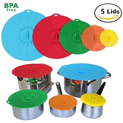 Silicone suction Lids Muticolor Food Covers Set of 5pieces for Bowls, Pots. Pans and Skillets, Microwave and Keep Kitchen Neat & Food Fresh by JFQ sunsine
