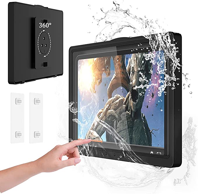 MoKo Tablet Shower Holder Wall Mount up to 11", Waterproof iPad Shower Holder 360°Rotation Anti-Fog Touch Screen Bathroom Kitchen Tablet Case Mount for Tablets, Black