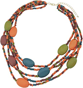 COIRIS Multi Color 5 Layers Wood Beads Strand Bib Necklace for Women (N0019)