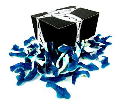 Mini Gummy Blue Sharks by Cuckoo Luckoo Confections, 2 lb Bag in a BlackTie Box