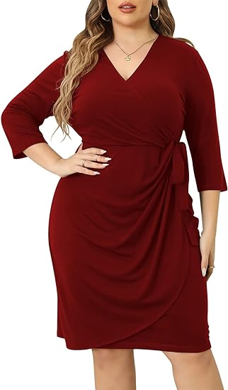 Nemidor Womens Plus Size 3/4 Sleeve Ruched Wrap Dress Casual Pleated Bodycon Midi Work Dress NEM348