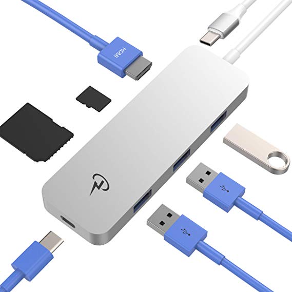 CharJenPro CERTIFIED USB C 3.1 HUB/ADAPTER: HDMI 4K, 3 USB 3.0 Ports, Card Readers, Type C port, All Aluminium body for MacBook Pro and All type C Laptops (Silver)