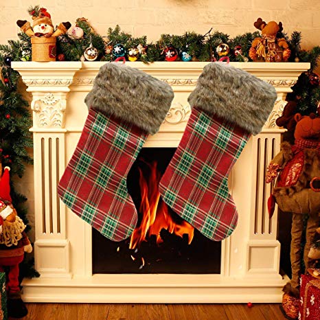 SDKBVOC 2 Pcs Set Big Size Classic Christmas Stockings for Decoration, Classic Style Plaidwith Holiday Spirit Cardinal Personalized Christmas Stocking