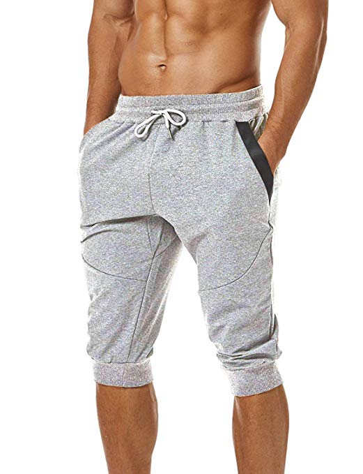 Ouber Men's 3/4 Joggers Pants Slim Fit Training Workout Gym Shorts with Zipper Pocket
