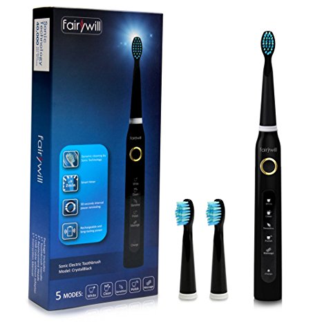 Fairywill Electric Sonic Toothbrush Clean Teeth like a Dentist Rechargeable 4 Hours Charge Minimum 30 Days Use 5 Optional Modes Waterproof Fully Washable 3 Replacement Heads Black