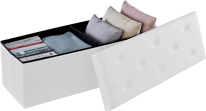 VECELO 43'' Folding Storage Ottoman, Bedroom Storage Bench, Versatile Footrest Footstool Tufted Faux Leather Chest for Living Room, Utility Room, Hallway, Holds up to 660 lb, Easy to Assemble,White