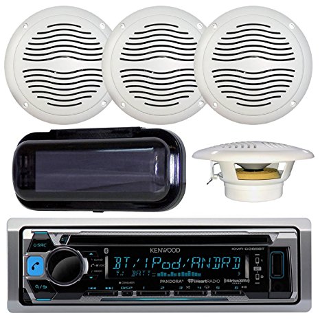 Kenwood KMR-D365BT In-Dash Marine Audio Bluetooth Receiver Bundle Combo With 2 Pairs Of Magnadyne AquaVibe WR65W 6.5" Marine Hot Tub Outdoor Waterproof Speaker   Waterproof Receiver Shield Cover