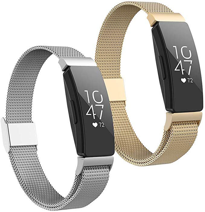 POY Compatible with Fitbit Inspire Hr Bands, Stainless Steel Replacement for Fitbit Inspire and Ace 2 Metal Loop Bracelet Sweetproof Wristbands for Women Men 2 Packs