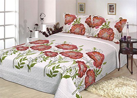 Fancy Collection 3 Pc Bedspread White with Flowers Bedcover (queen)