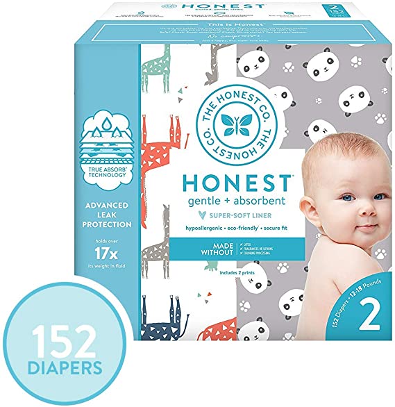 The Honest Company Super Club Box Diapers with TrueAbsorb Technology, Pandas & Safari, Size 2, 152 Count