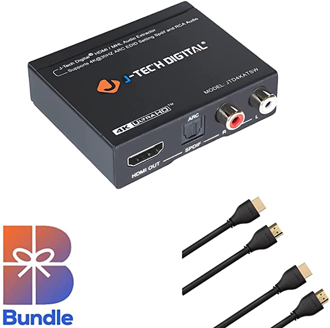 J-Tech Digital 4K HDMI to HDMI and Audio (RCA Stereo or SPDIF) Extractor Converter De-embedder Bundle with 2 Pack HDMI 2.0 3ft Cable 100% Triple Shielded 24k Gold Plated Connectors