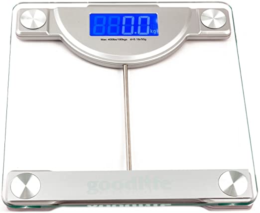 GoodLifeProducts Precision Digital Bathroom Weighing Scale w/ Extra Large Display, 400 lb. Capacity and 'Just Step' Technology, Ultra Wide Platform, Tempered Glass, Silver