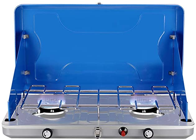 Camplux Gas Camping Stove, JK-6320 Auto-Ignition Propane Stove, 2 Burner Propane Stove with Propane Regulator, Total 20,000 BTU