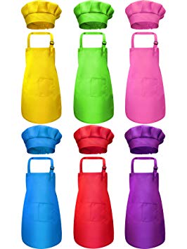 SATINIOR 12 Pieces Kids Apron and Chef Hat Set Adjustable Child Aprons with Pockets Kitchen Bib Aprons for Kitchen Cooking Baking Painting for Boys Girls (Multi-Color, S for 2-6 Age)