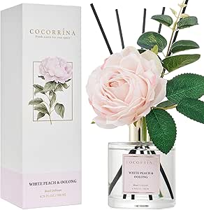 Cocorrína Flower Reed Diffuser - White Peach& Oolong 6.7oz Scented Diffuser with Sticks Home Fragrance Essential Oil for Bathroom Shelf Decor (Artificial Flower)