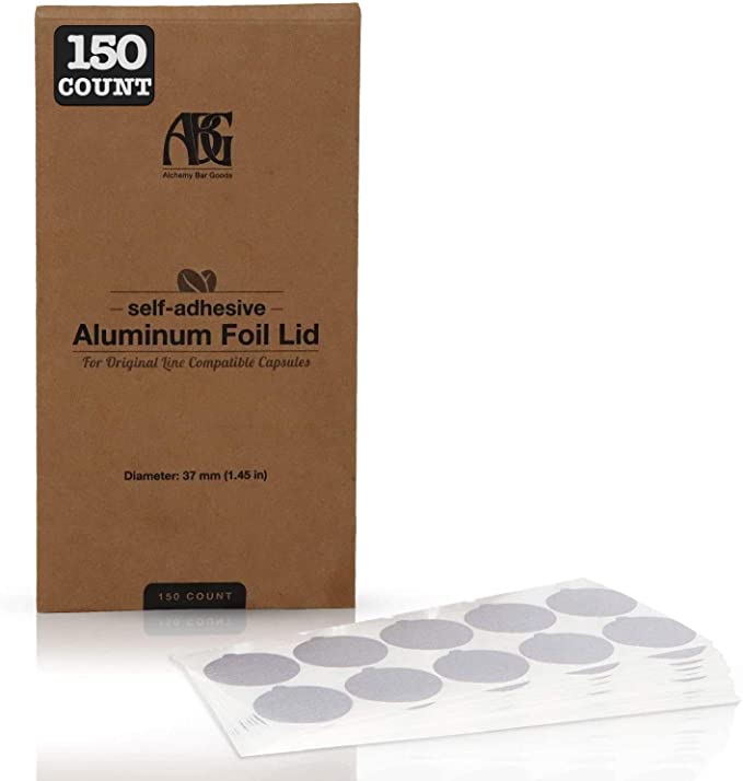 Aluminum Espresso Lids - 150 Foil Seals for Reusable & Refillable Stainless Steel Capsules & Pods, Compatible with Nespresso Original Line - 37mm Diameter