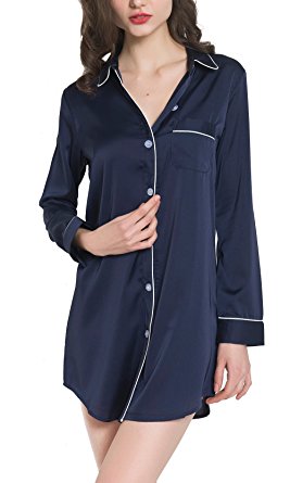 Women Silk Satin Long Sleeve Pajama Top Button-Up Luxury Sleepwear Sleep Shirt Dress