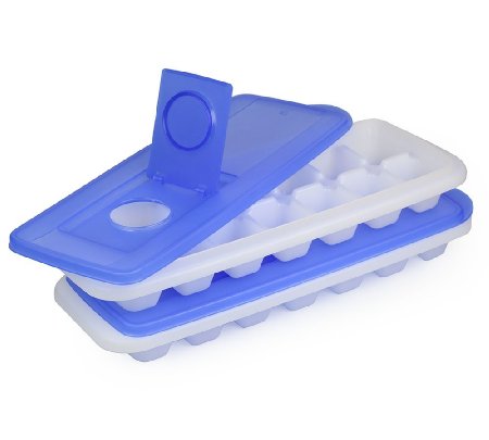 ChefLand Easy Release No Spill Ice Cube Tray with Removable Cover, White, Set of 2