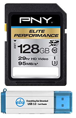 PNY 128GB SDXC Elite Performance Memory Card Bundle (P-SDX128U395-GE) Works with Panasonic HC-WXF991K, HC-VX981K, HC-V770 Video Camera Camcorder Plus 1 Everything But Stromboli 3.0 SD/Micro Reader