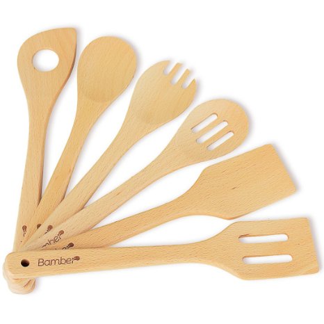 Bamber Cooking Spoons and Spatulas Non Stick Wooden Spoon Set Kitchen Tools Cooking Utensil Set Easy to Wash Pack of 6