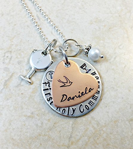 First Holy Communion Hand Stamped Silver Aluminum Necklace