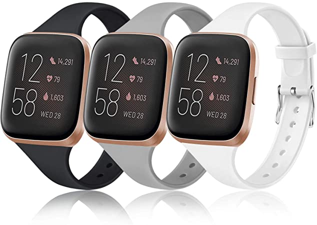 Vancle Pack 3 Slim Bands Compatible with Fitbit Versa 2 Bands/Fitbit Versa/Fitbit Versa Lite/SE, Silicone Replacement Smartwatch Wristband for Women Men