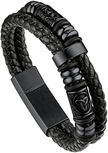 Bandmax Mens Double Row Black Braided Leather Wristband Stainless Steel Beaded Double Layer Leather Cord Wristband Bangle Gift for Men