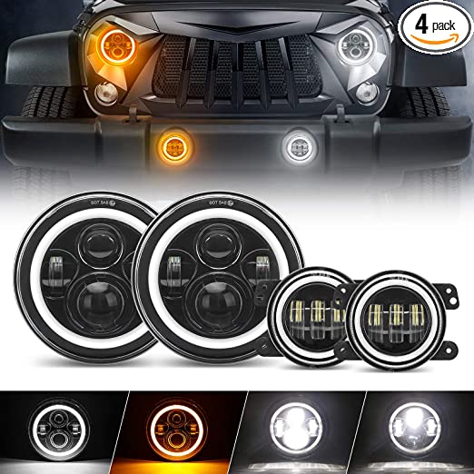 SUPAREE 7" LED Headlights   4" Fog Light Replacement [HALO DRL   Turn Signal] [H4 Plug n Play] Compatible with 1987-2018 Jeep Wrangler JK JKU TJ LJ Rubicon Sahara Unlimited