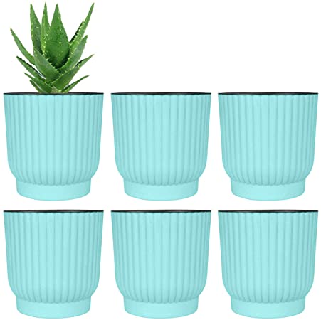 T4U 4.5 Inch Self Watering Pots for Indoor Plants, 6 Pack Green Plastic Flower Pots for All House Plants, Flowers, African Violets