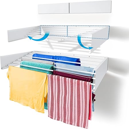 Step Up Laundry Drying Rack Airer - Wall Mounted - Retractable - Clothes Drying Rack Collapsible Folding Indoor or Outdoor – Space Saver Compact Sleek Design (120cm - White)