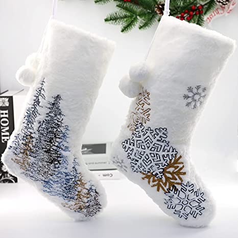 MBR FORCE White Faux Fur Christmas Stockings Embroidered Christmas Stockings,Xmas Stockings Decorations 2 Pack(Style-EW)