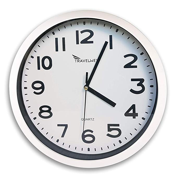 Travelwey Home Wall Clock - No Bells, No Whistles, Simply Hang and Go, Non Ticking, Big Bold Digits, Analog, Battery Operated, Black (White)