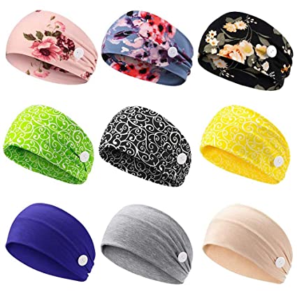 fani 9 Pcs Headbands with Buttons for Nurses Ears Protection Mask Holder, Non Slip Wide Turban Stretchy Multicolor Pattern Yoga Workout Cott on Hair Bands Accessories for Women and Men