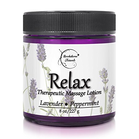Relax Therapeutic Massage Lotion – All Natural Enriched with Lavender & Peppermint Essential Oils Perfect for Massage Therapy - Massage Cream for Full Body Massage - Brookethorne Naturals 8.5oz