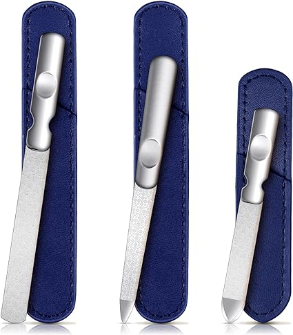 3 Pieces Stainless Steel Nail Files with Leather Case, Double Sided Metal Nail Files with Anti-Slip Handle, Metal Nail File Buffer Manicure Pedicure Tools for Fingernail Toenail (Navy)