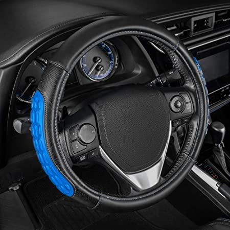 Sharper Image Cooling Gel Cushion Grip Steering Wheel Cover with Microfiber Leather Universal fit (14.5 - 15.5"), Blue, Model Number: SISW-751-BL