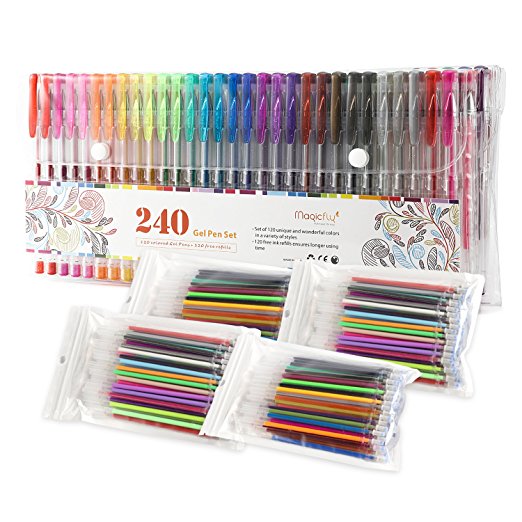 Magicfly 240 Gel Pens Set (120 Unique Colored Gel Pen   120 Replace Ink Refills) for Adult Coloring Books, Writing, Kid Drawing, Non-toxic Environmental Friendly