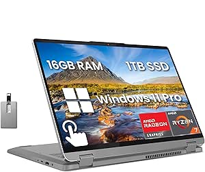 Lenovo IdeaPad Flex 5 2-in-1 Laptop, 16" WUXGA Touchscreen, AMD Ryzen 7 7730U, 16GB RAM, 1TB SSD, AMD Radeon Graphics, Fingerprint Reader, Wi-Fi 6, Win 11 Pro, Grey, 128GB Hotface USB Card