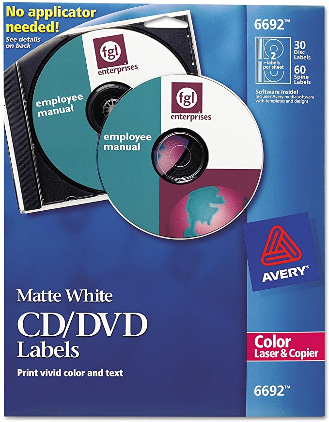 Avery 6692 CD/DVD Labels for Color Lasers, 30 Disc Labels & 60 Spine Labels,White