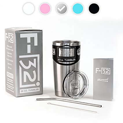 F-32 20 Oz. Stainless Steel Tumbler Premium Bundle - Sky Blue Pink Black White Colors - Stainless Straw   Cleaning Brush   Splash Proof Lid   Silver Gift Box   Manual