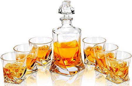 Twist Whiskey Decanter And Glasses Set, LANFULA Premium Lead Free Crystal Liquor Decanter with 6 Scotch Tumblers for Bourbon, Whisky and Alcohol, Ideal Gift for Birthday/Anniversary/Wedding, 7- Piece