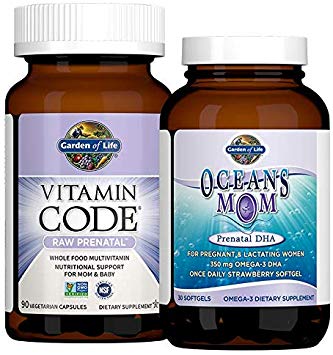 Garden of Life Prenatal Multi   DHA Bundle: Vitamin Code Raw Prenatal Multivitamin with Folate, 90 Vegetarian Capsules Plus Oceans Mom DHA Once Daily, 350mg DHA Fish Oil, 30 Strawberry Softgels