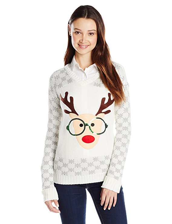 Derek Heart Juniors' Long-Sleeve Nerdy Reindeer Ugly Christmas Sweater