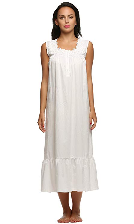 Ekouaer Womens Nightgown 100% Cotton Victorian Long Sleeveless Sleepwear